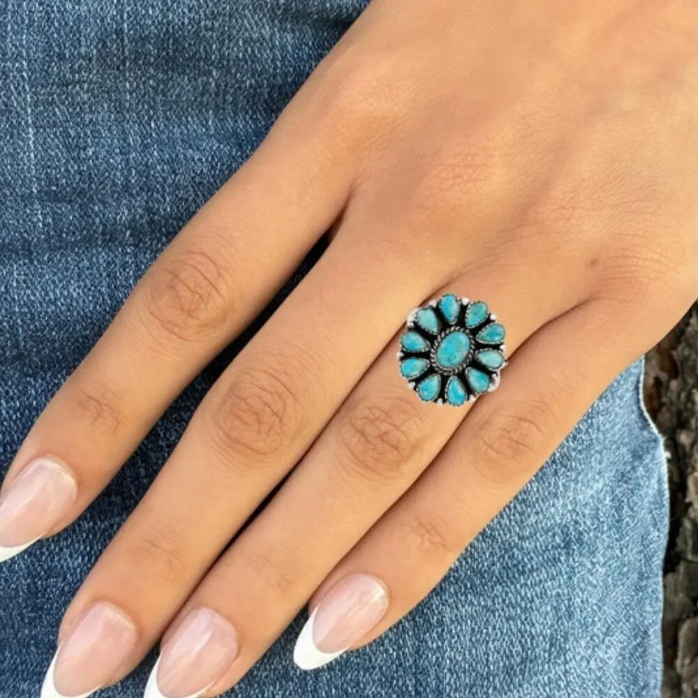 New Sterling Silver Turquoise Cluster Ring Artisan Southwestern Teardrop Design